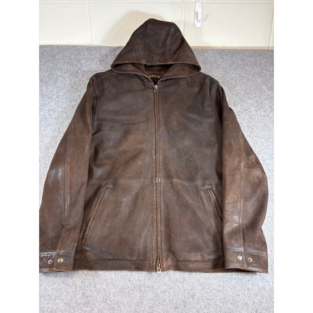 Vintage 90s Orvis Leather Hooded Jacket Mens XL Brown Outdoor Gothic Full Zip